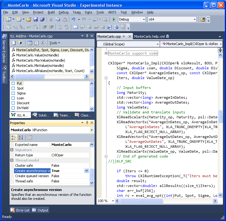 Screenshot of the XLL Add-ins window (under Visual Studio 2010)