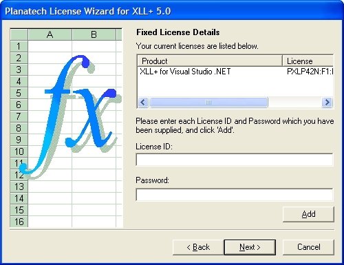 License Wizard 'Fixed License Details' screen