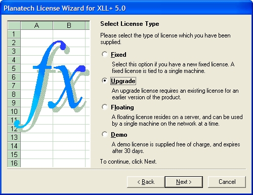 License Wizard 'License Type' screen